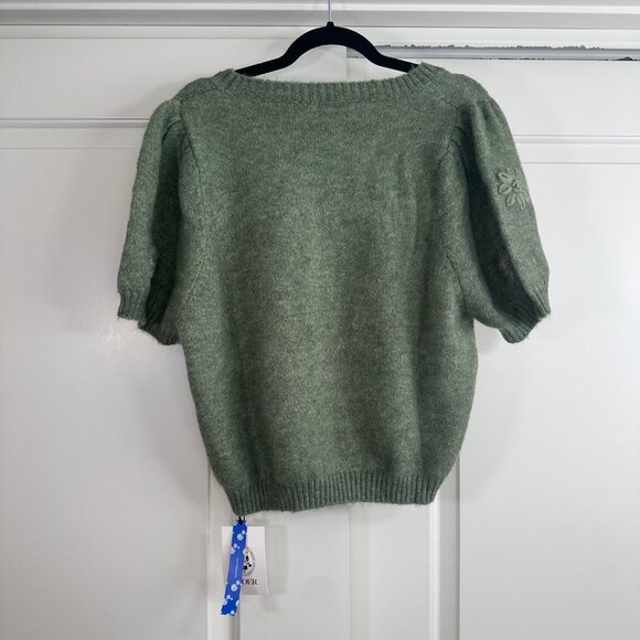 Wool-Blend Green Round Neck Flower Knitted Short Sleeve Top - NEW - Picture 9 of 15